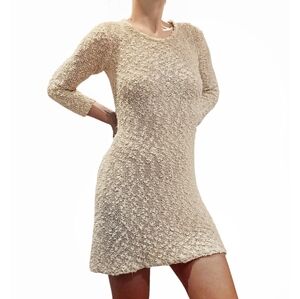 Popcorn Knit Crochet Mini Dress Long Sleeve Sz.Small